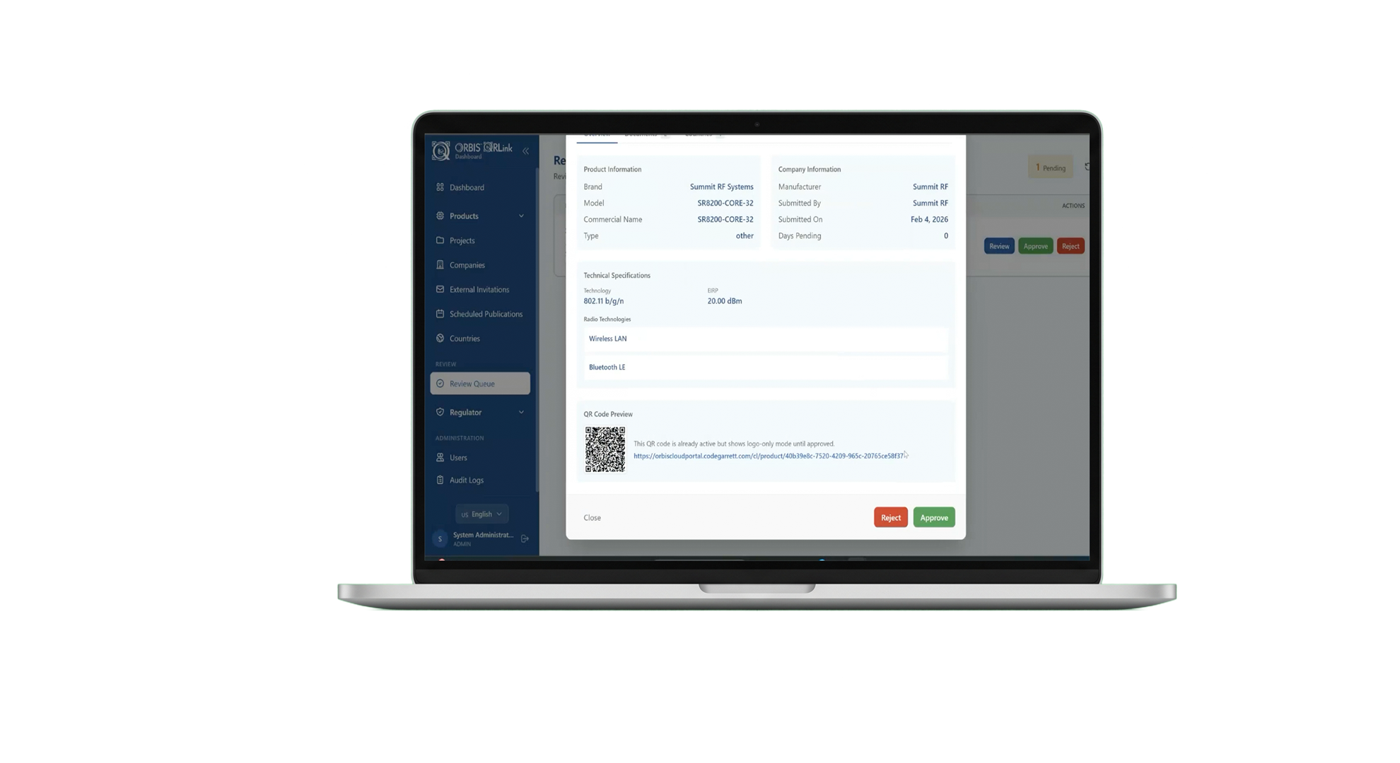 ORBIS QRLink compliance dashboard on laptop